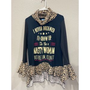 Upcycled black and leopard Protest Tee Shirt: Nasty Woman, Size M